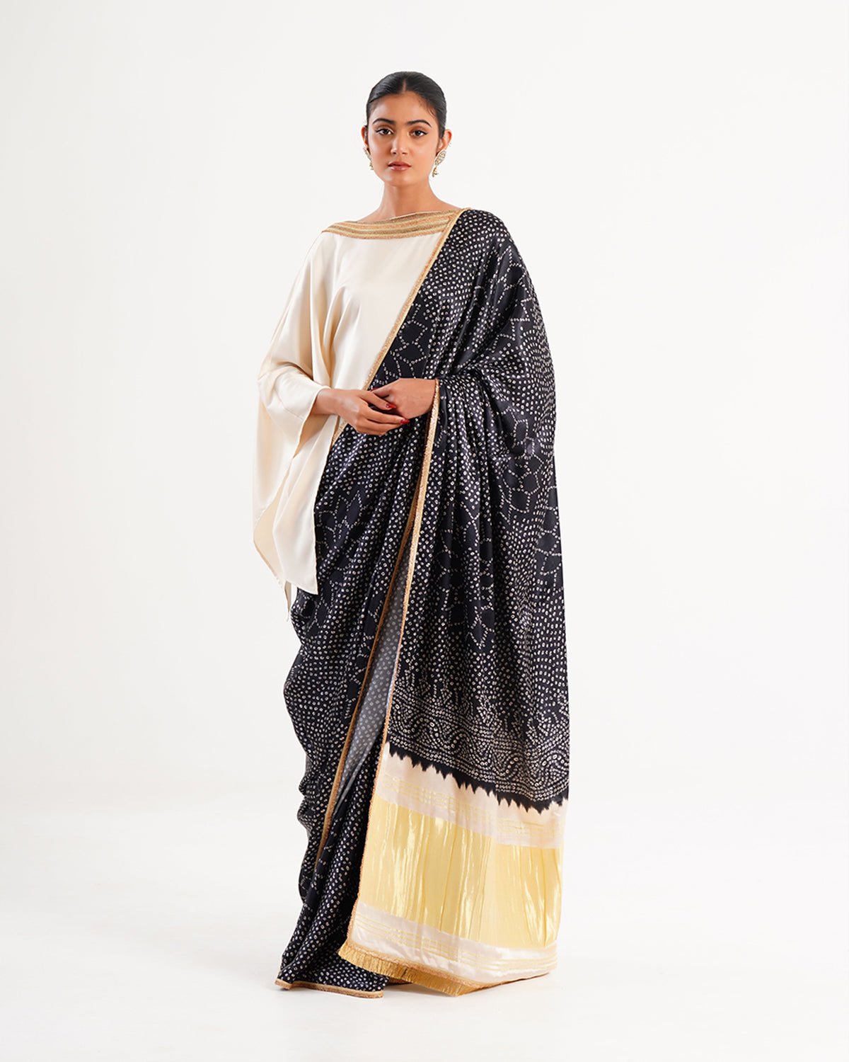 Saree Bandhej Mixology - Ivory / Black /Gold - Mayura Kumar