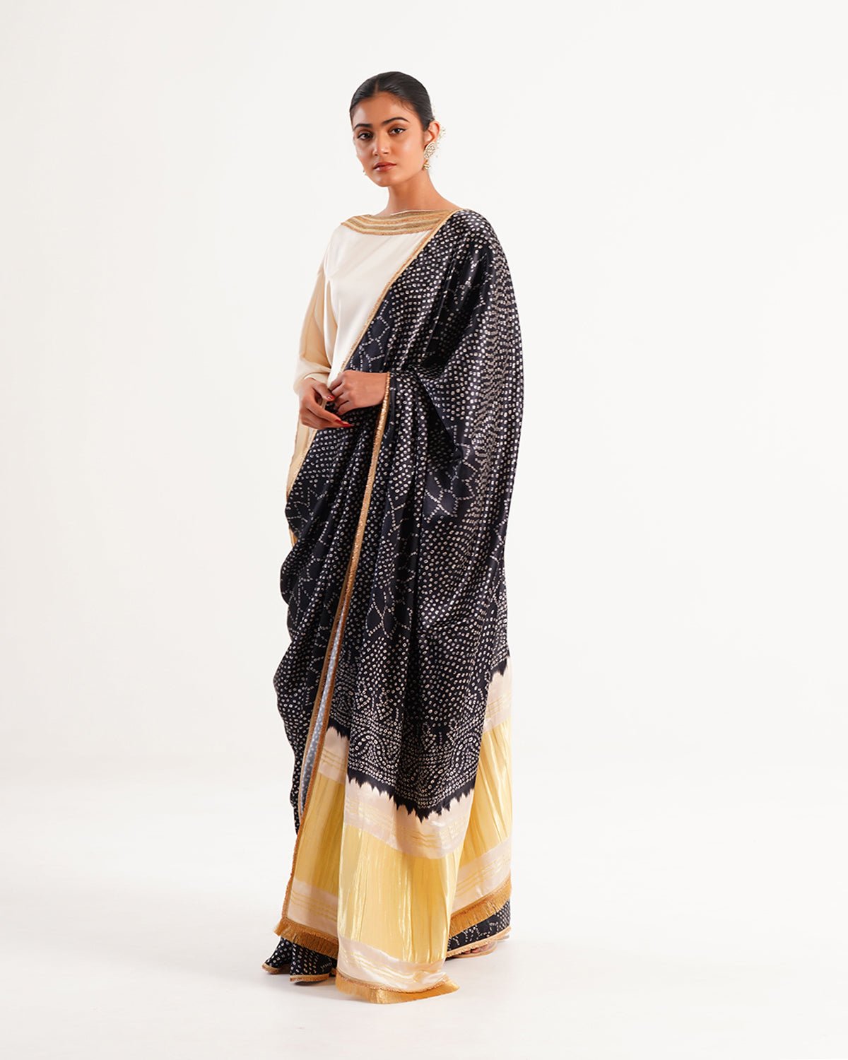 Saree Bandhej Mixology - Ivory / Black /Gold - Mayura Kumar