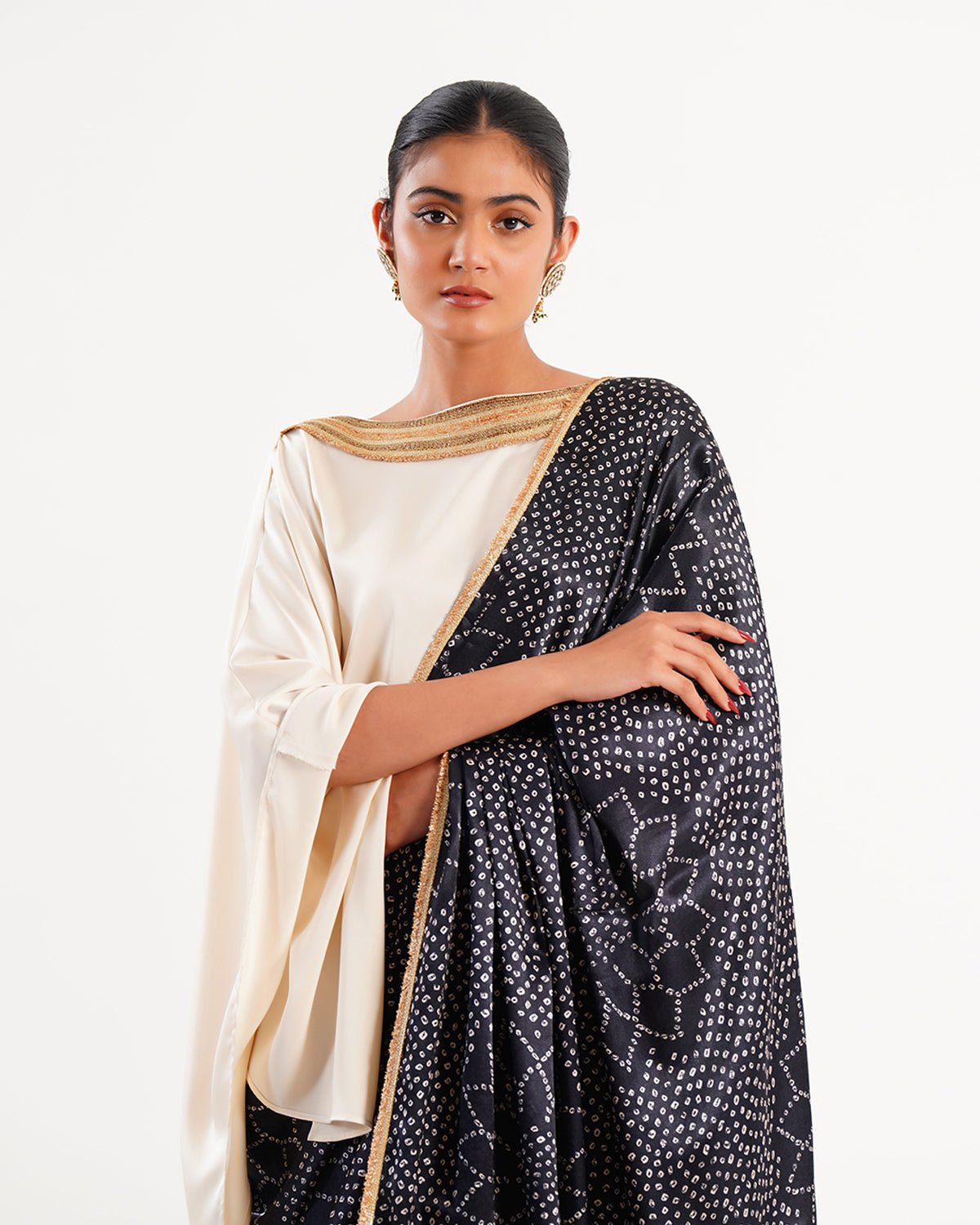 Saree Bandhej Mixology - Ivory / Black /Gold - Mayura Kumar