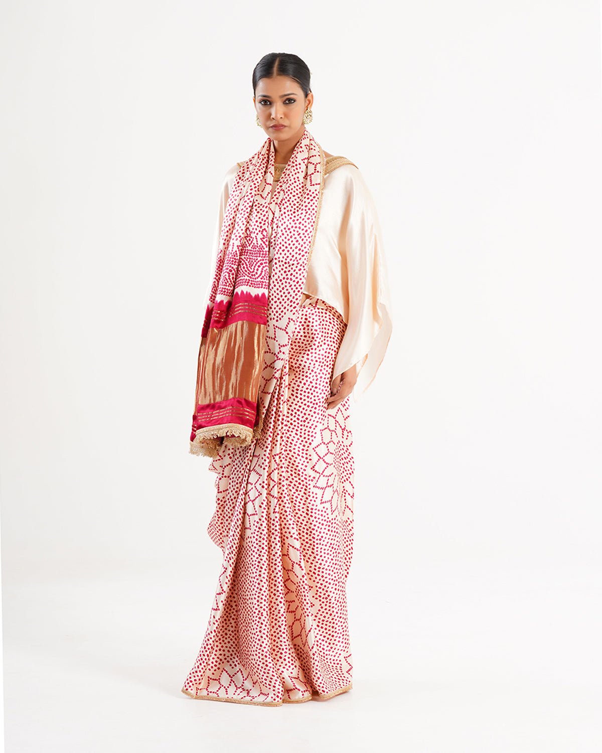 Saree Bandhej Mixology - Ivory / Red - Mayura Kumar