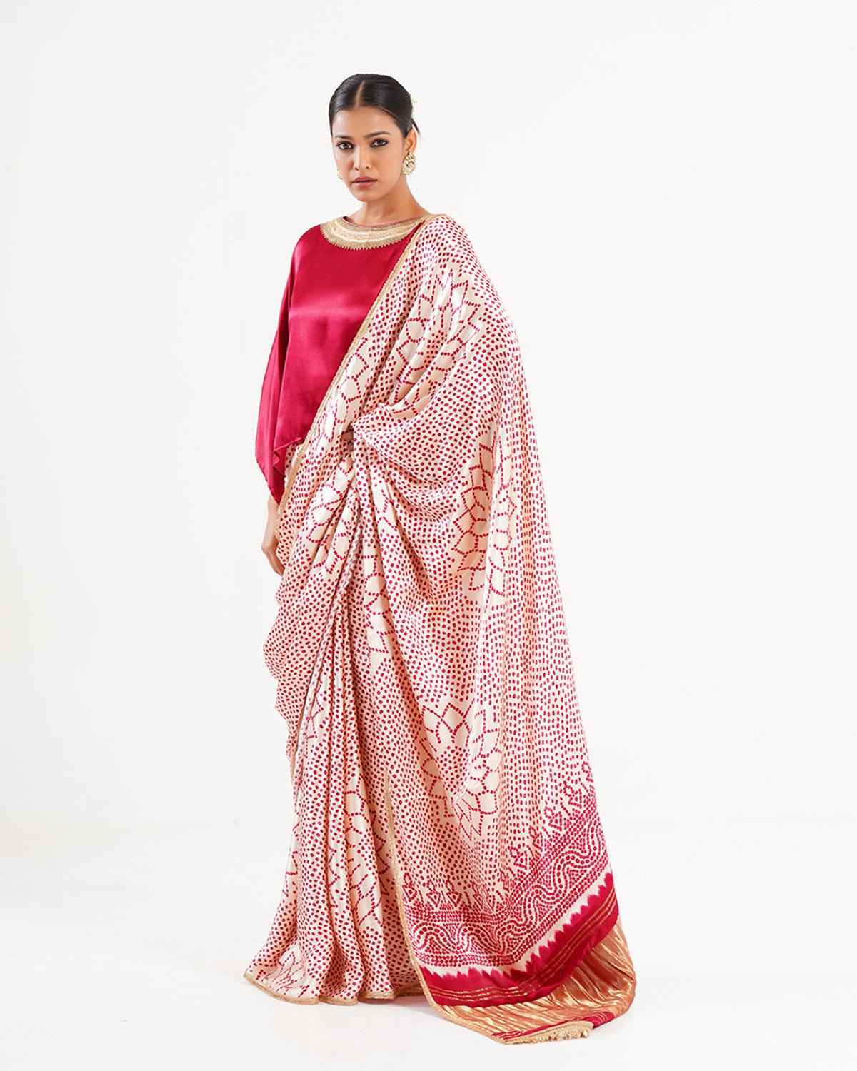 Saree Bandhej Mixology - Red / Ivory / Gold - Mayura Kumar
