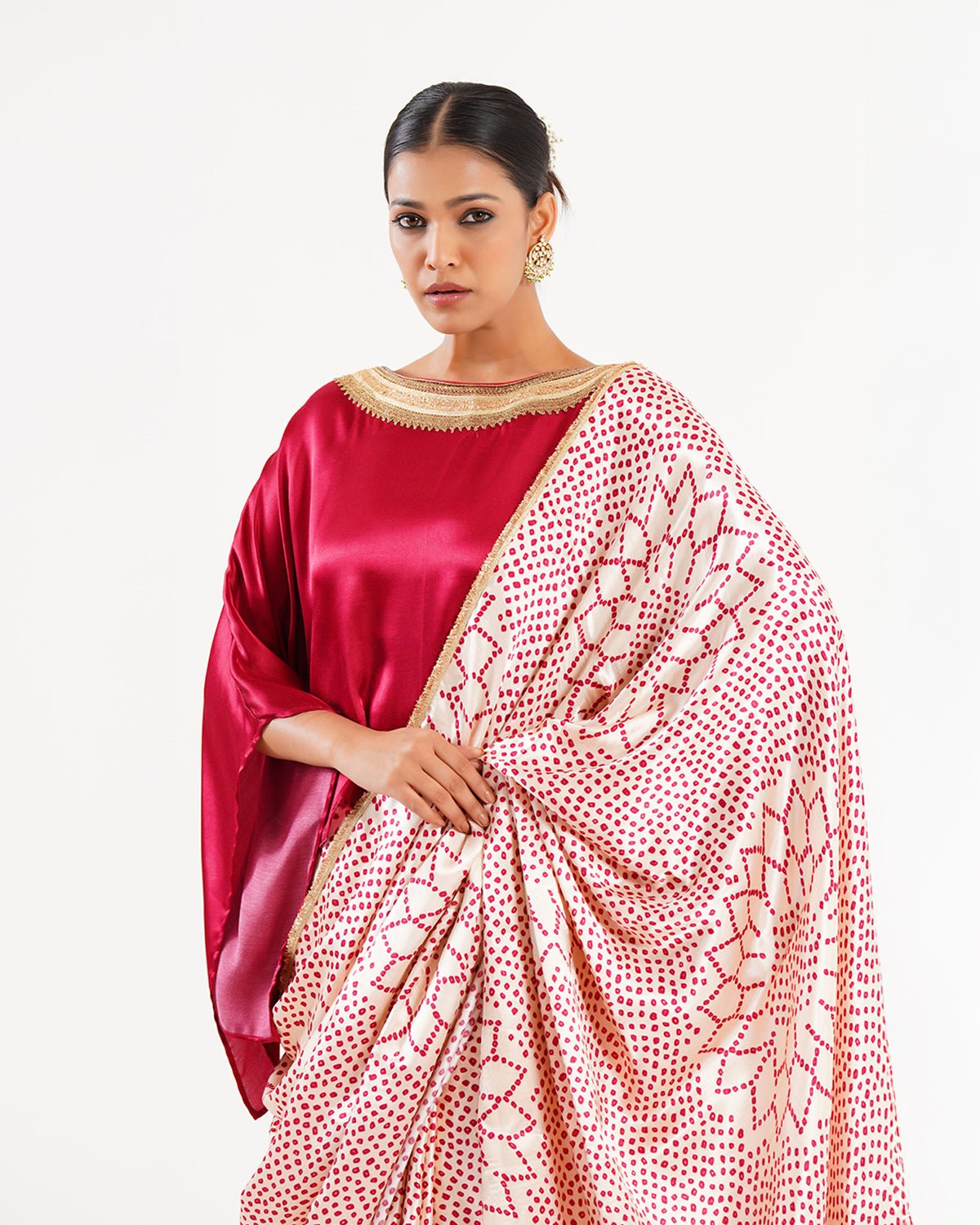 Saree Bandhej Mixology - Red / Ivory / Gold - Mayura Kumar