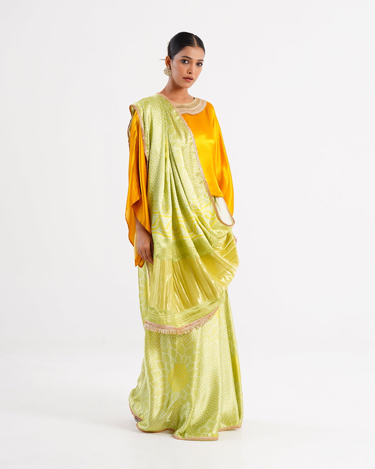 Saree Bandhej Mixology - Yellow / Fresh Green / Gold - Mayura Kumar