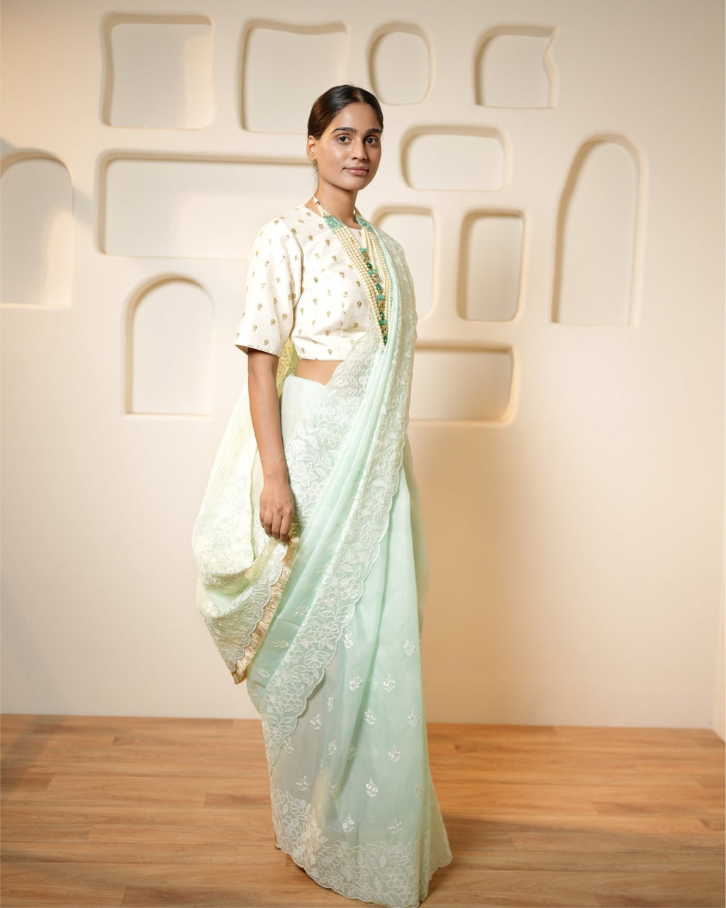 Saree Chikankari - Aqua / Ivory - Mayura Kumar