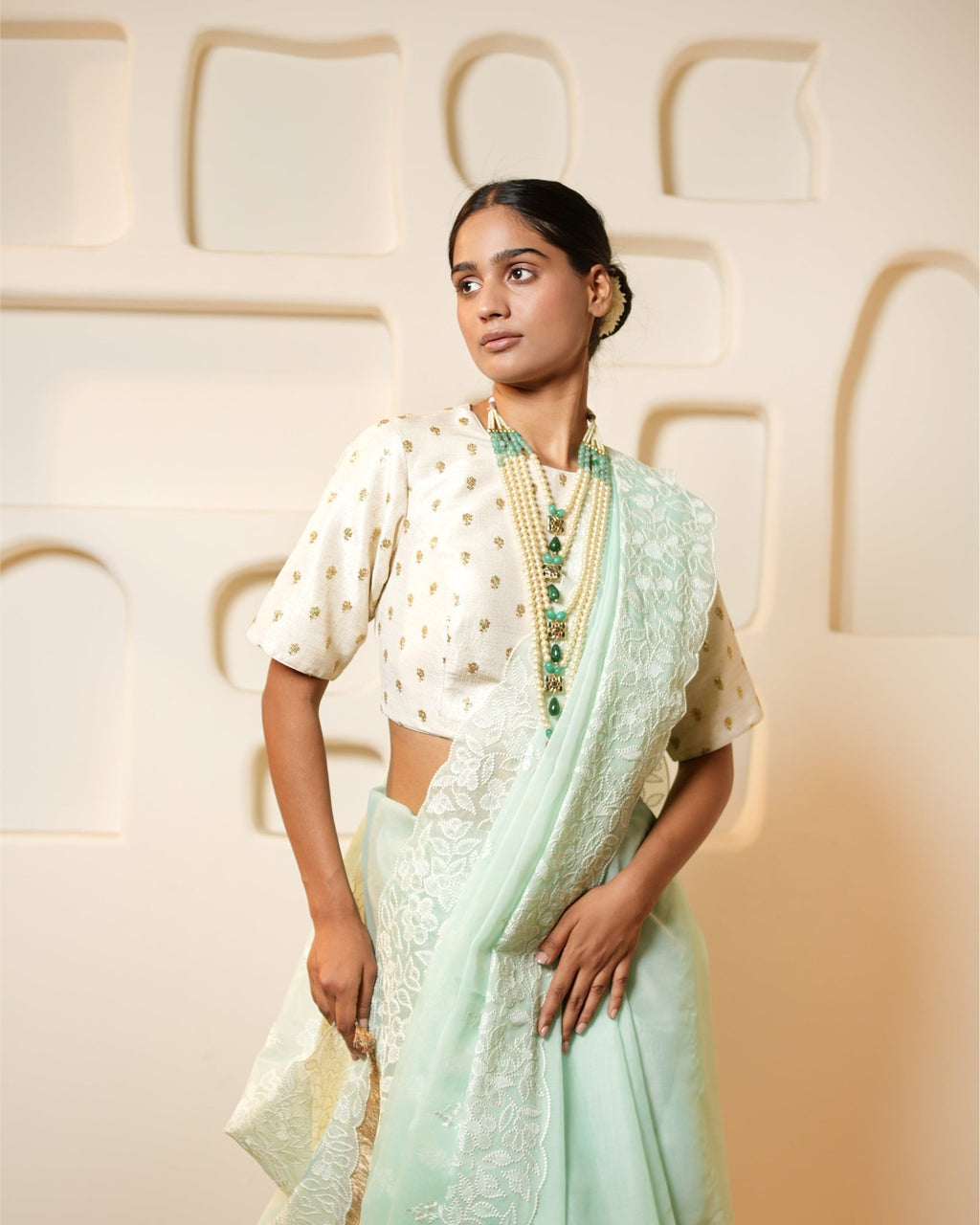 Saree Chikankari - Aqua / Ivory - Mayura Kumar