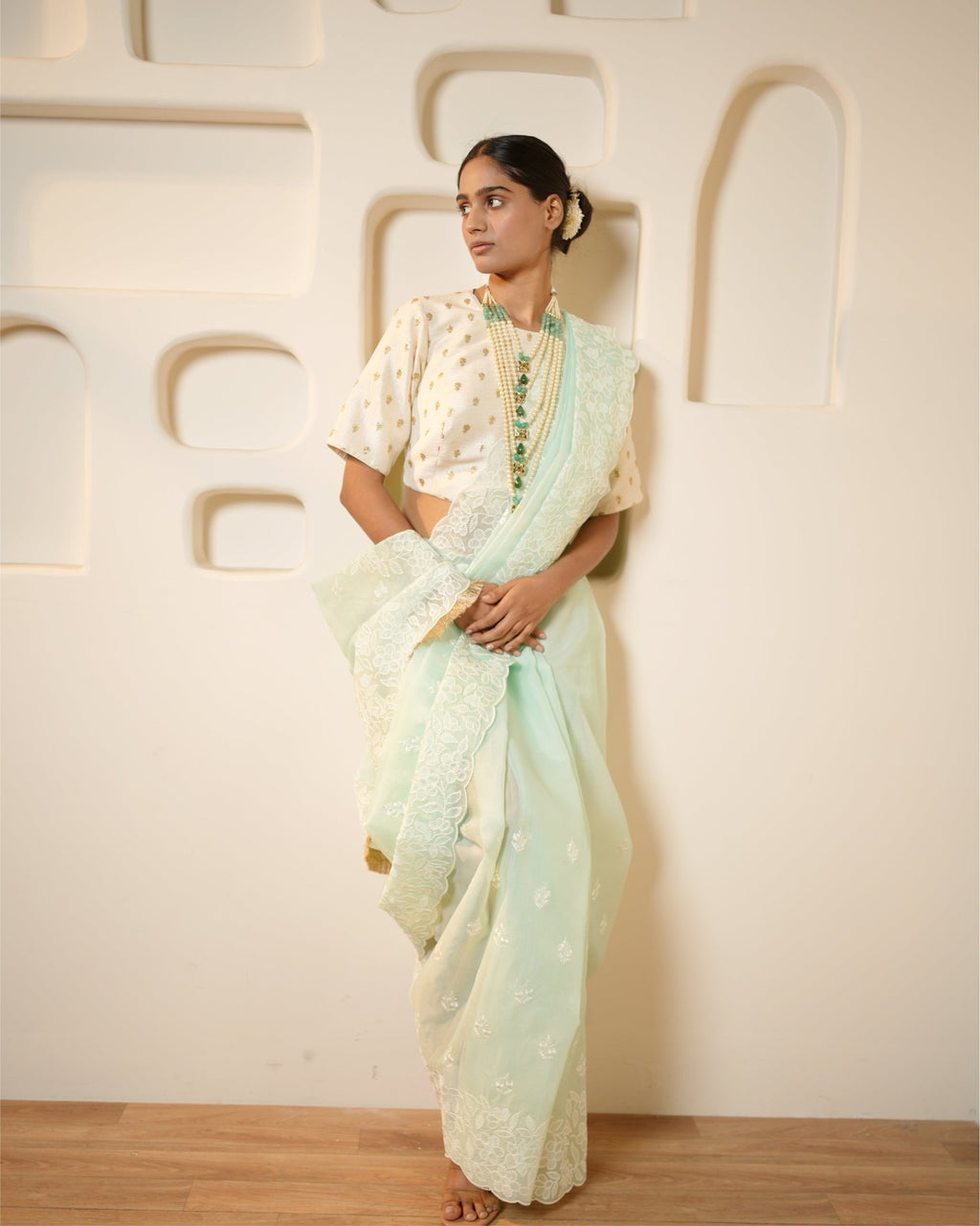 Saree Chikankari - Aqua / Ivory - Mayura Kumar