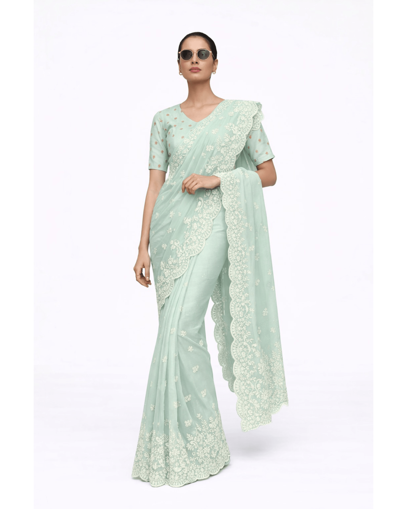 Saree Chikankari - Aquamarine /Ivory /Gold - Mayura Kumar