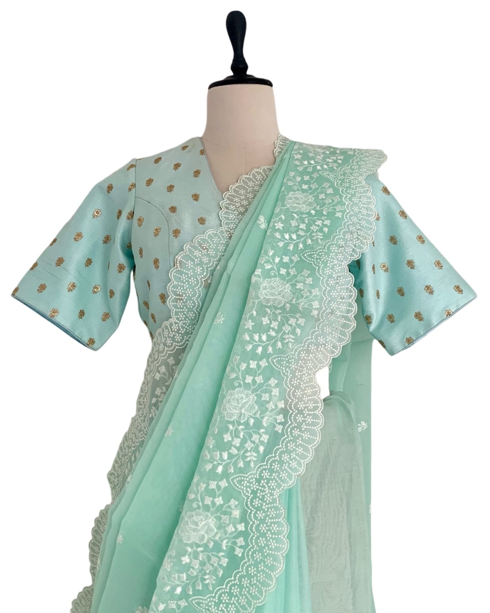 Saree Chikankari - Aquamarine /Ivory /Gold - Mayura Kumar