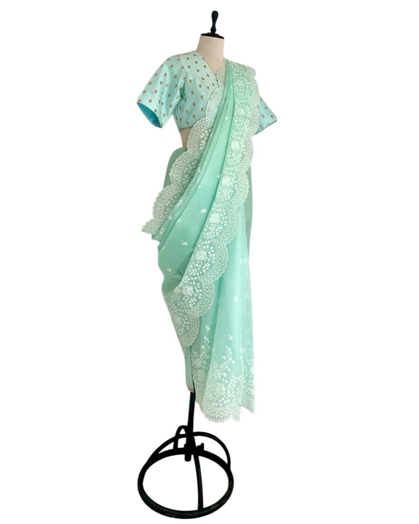 Saree Chikankari - Aquamarine /Ivory /Gold - Mayura Kumar
