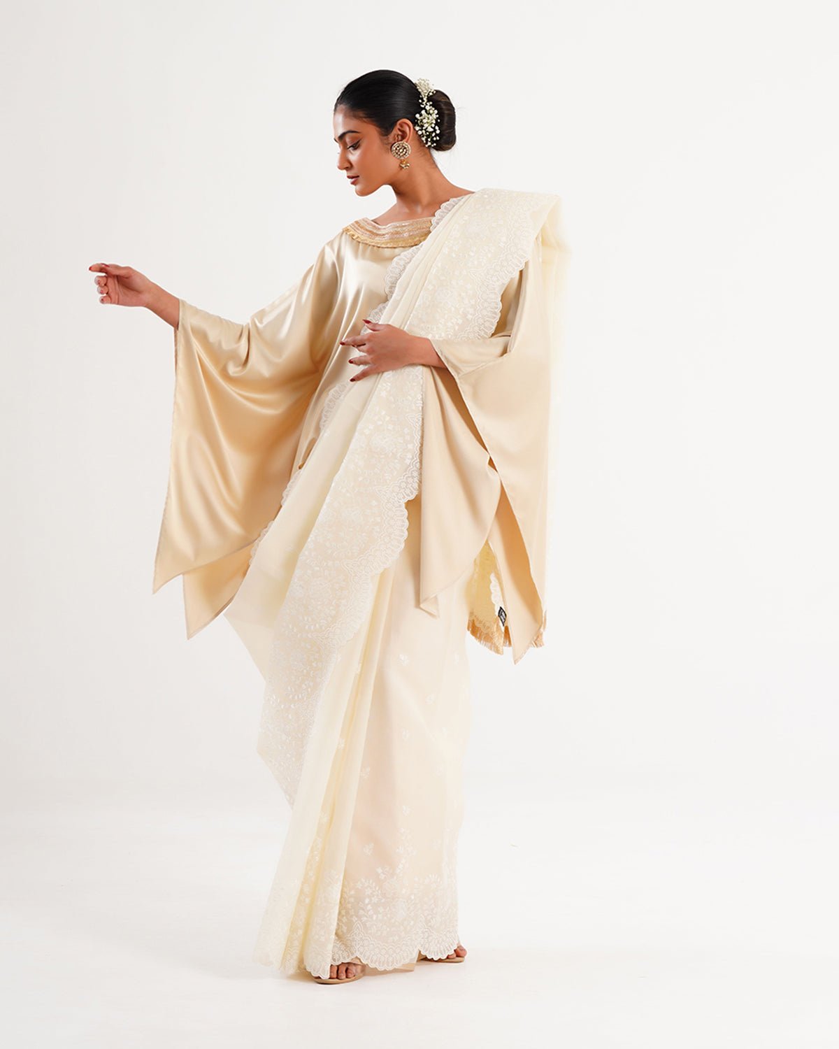 Saree Chikankari - Chikankari Milk /Ivory /Gold - Mayura Kumar