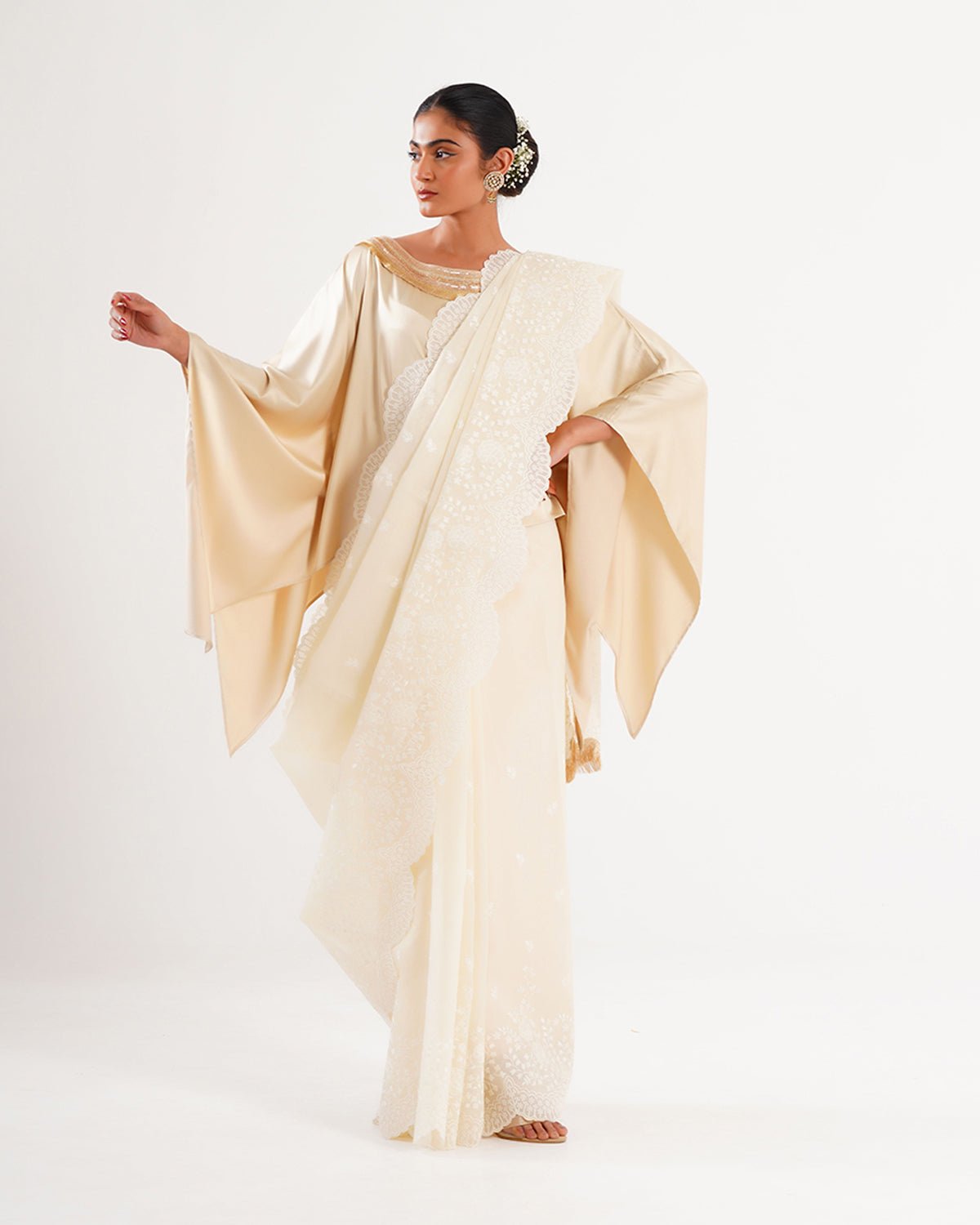 Saree Chikankari - Chikankari Milk /Ivory /Gold - Mayura Kumar