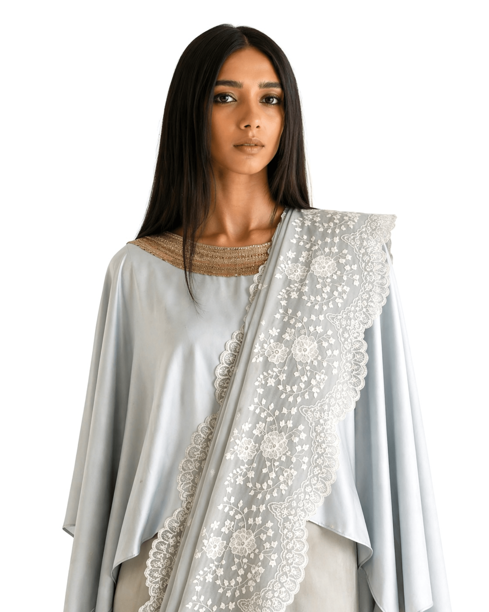 Saree Chikankari - Powder Blue Grey /Ivory /Gold - Mayura Kumar