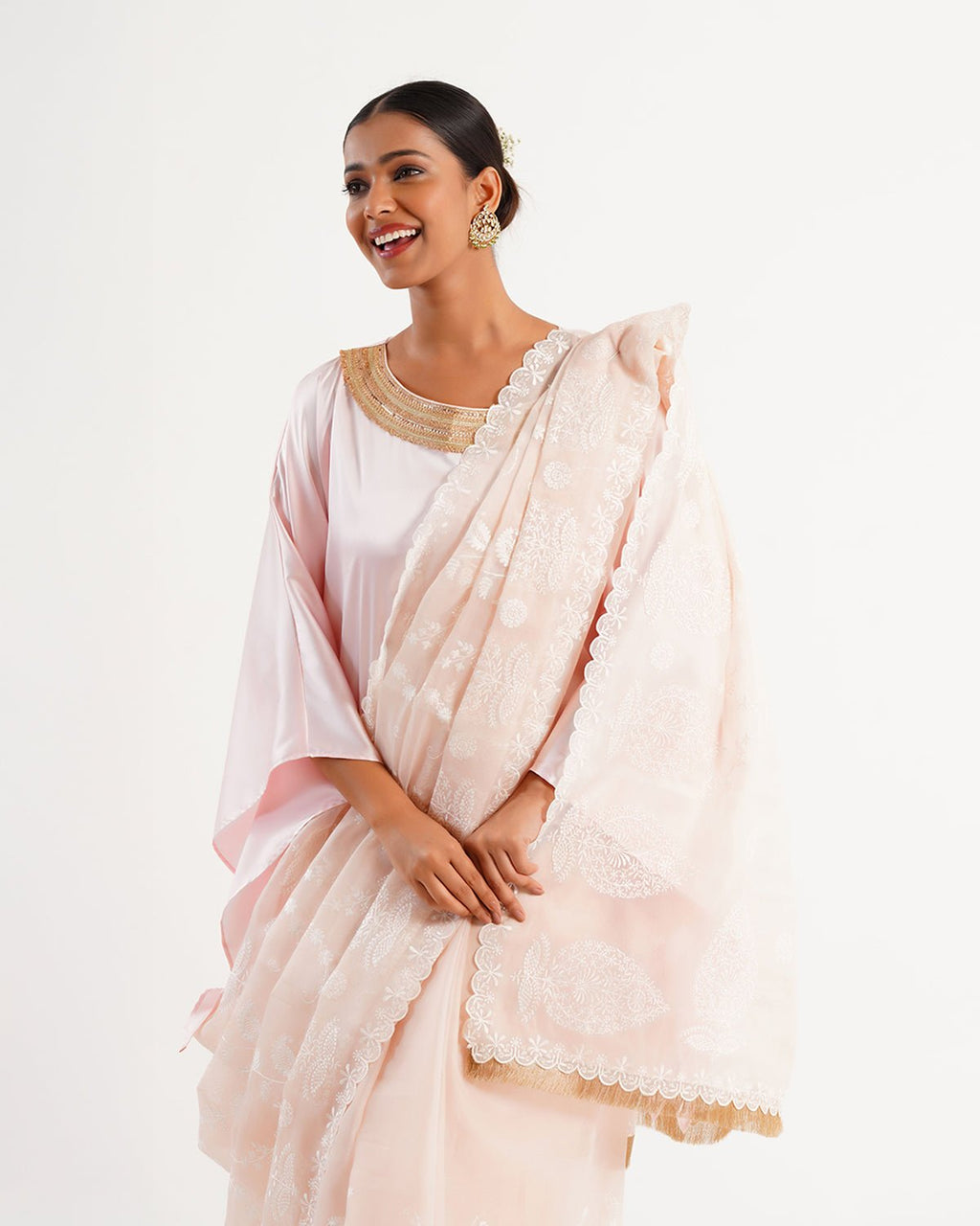 Saree Chikankari - Salmon Pink / Ivory / Gold - Mayura Kumar