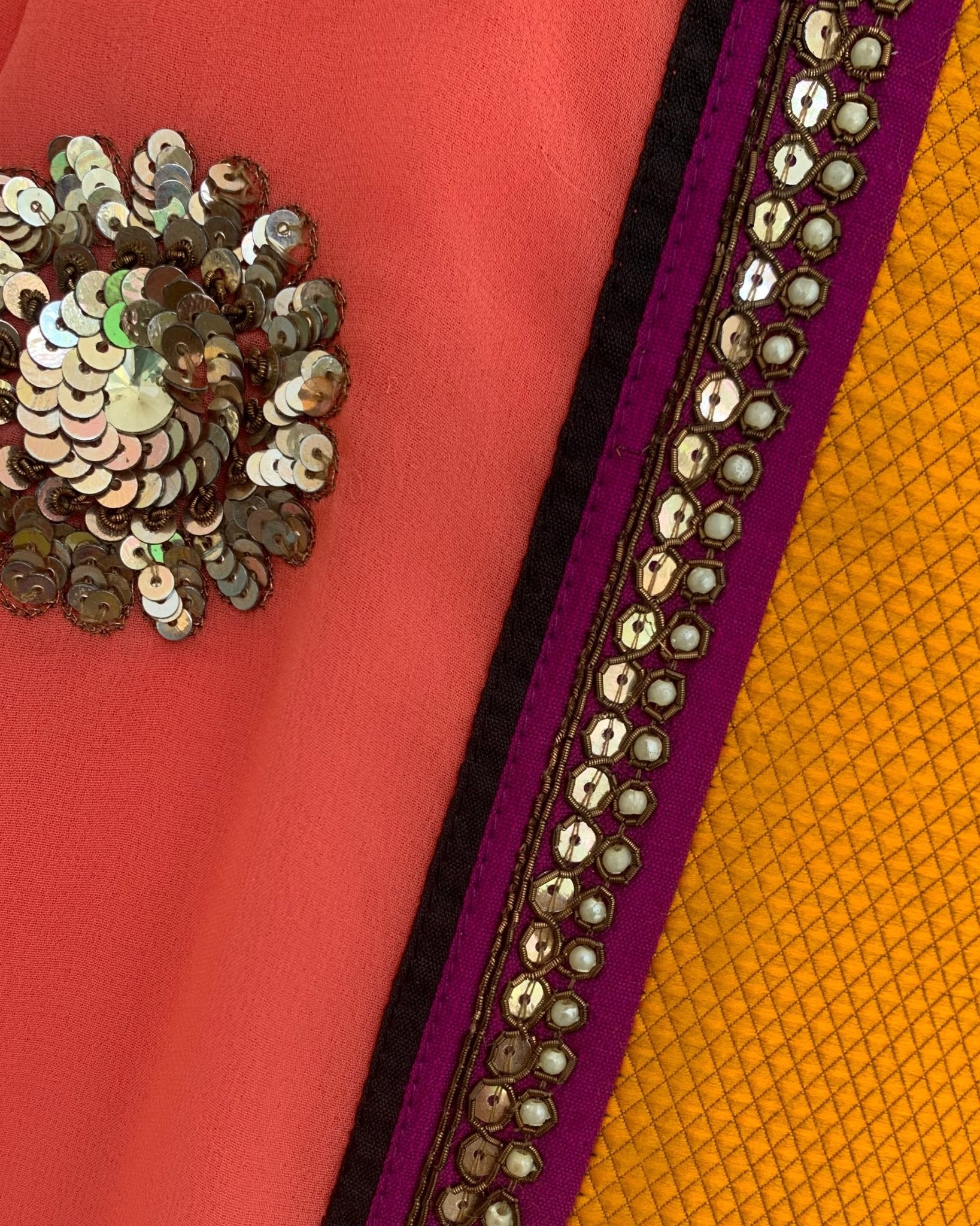 Saree Kalamkari - Peach / Purple / Mustard - Mayura Kumar
