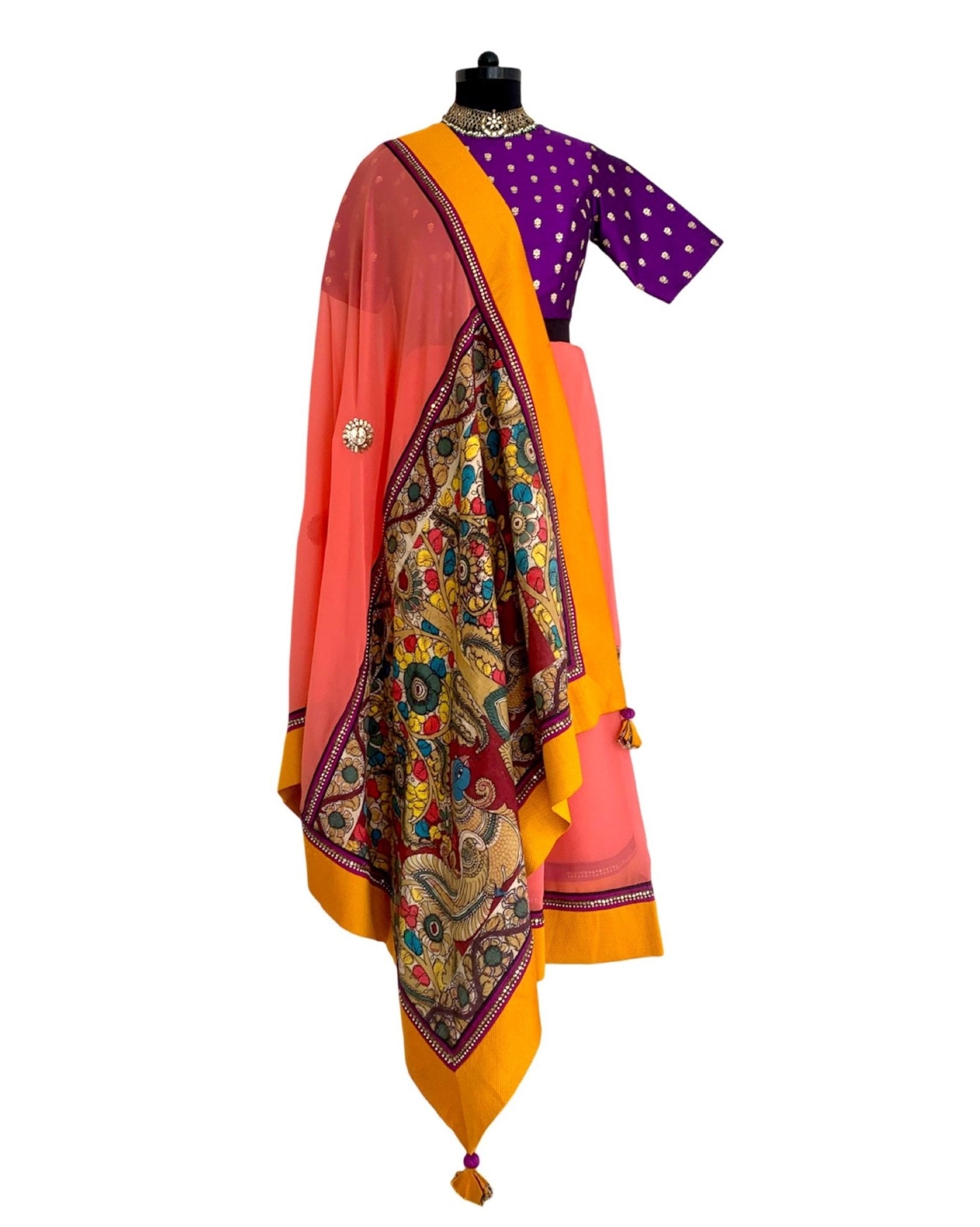 Saree Kalamkari - Peach / Purple / Mustard - Mayura Kumar