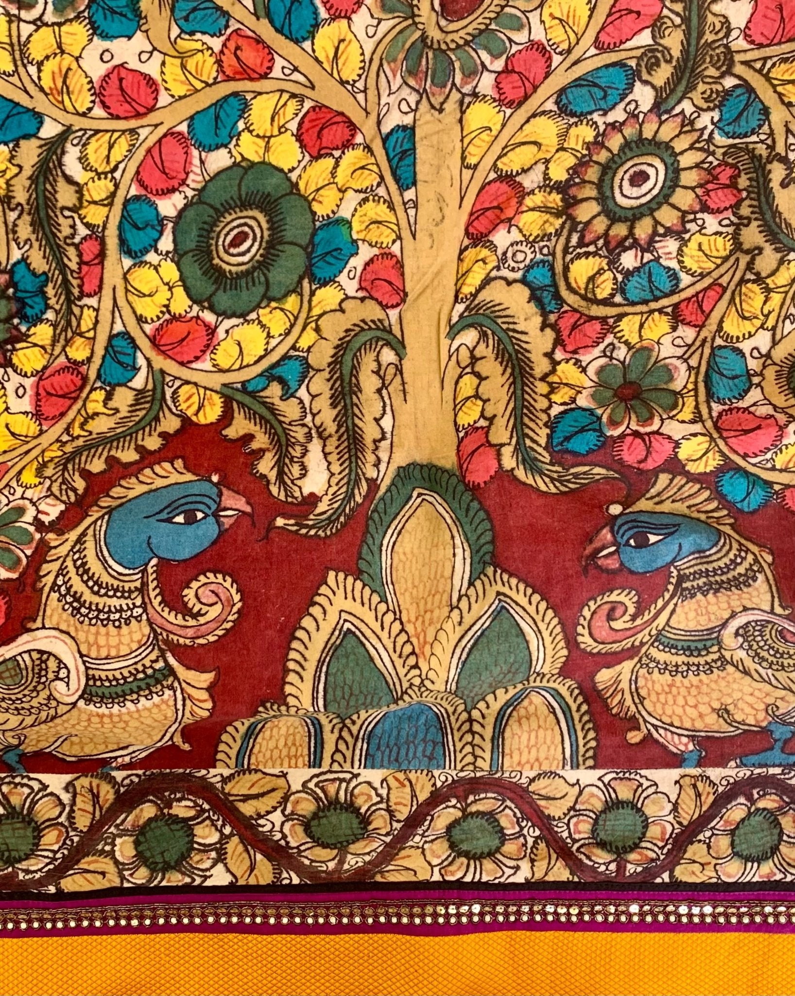 Saree Kalamkari - Peach / Purple / Mustard - Mayura Kumar