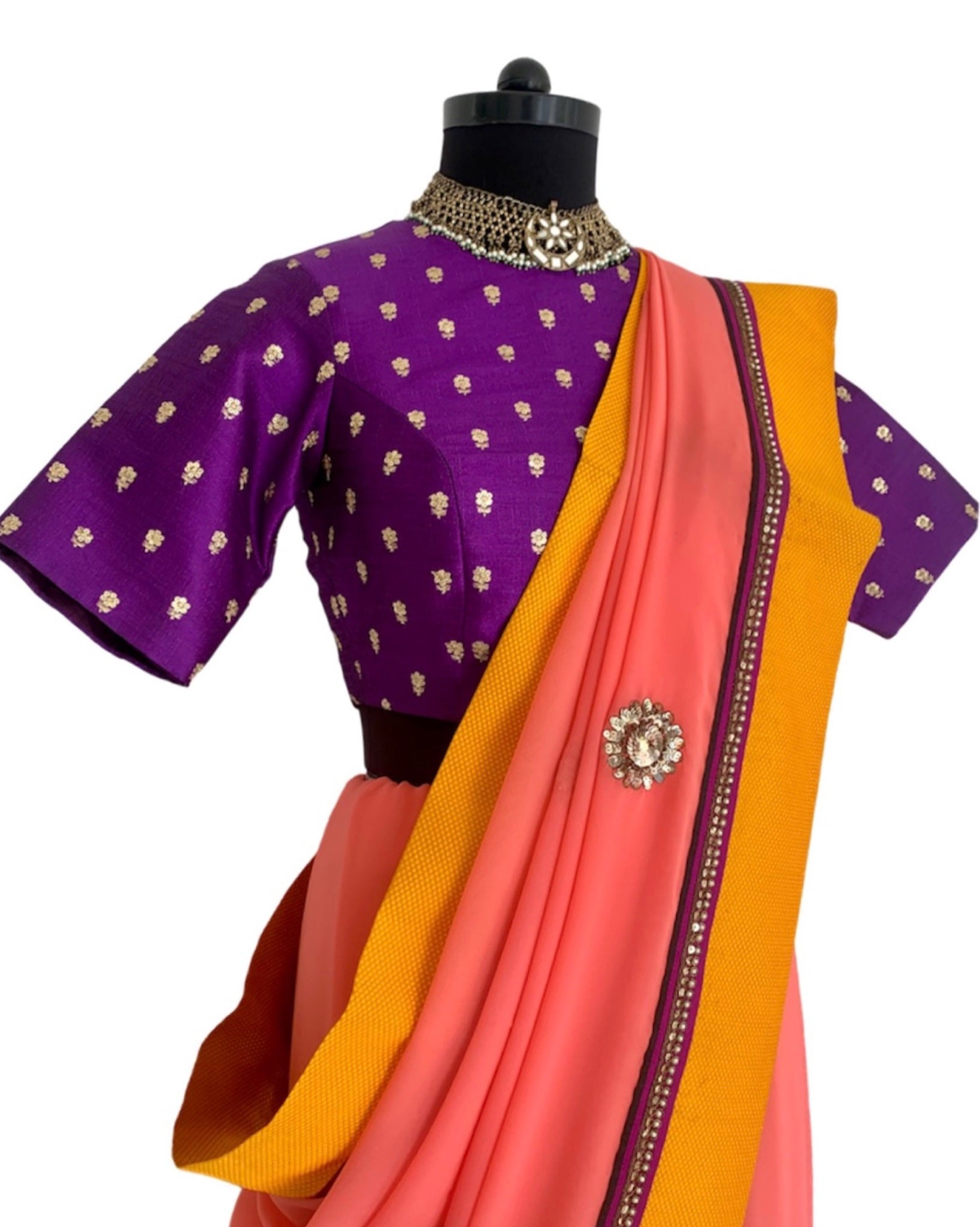Saree Kalamkari - Peach / Purple / Mustard - Mayura Kumar