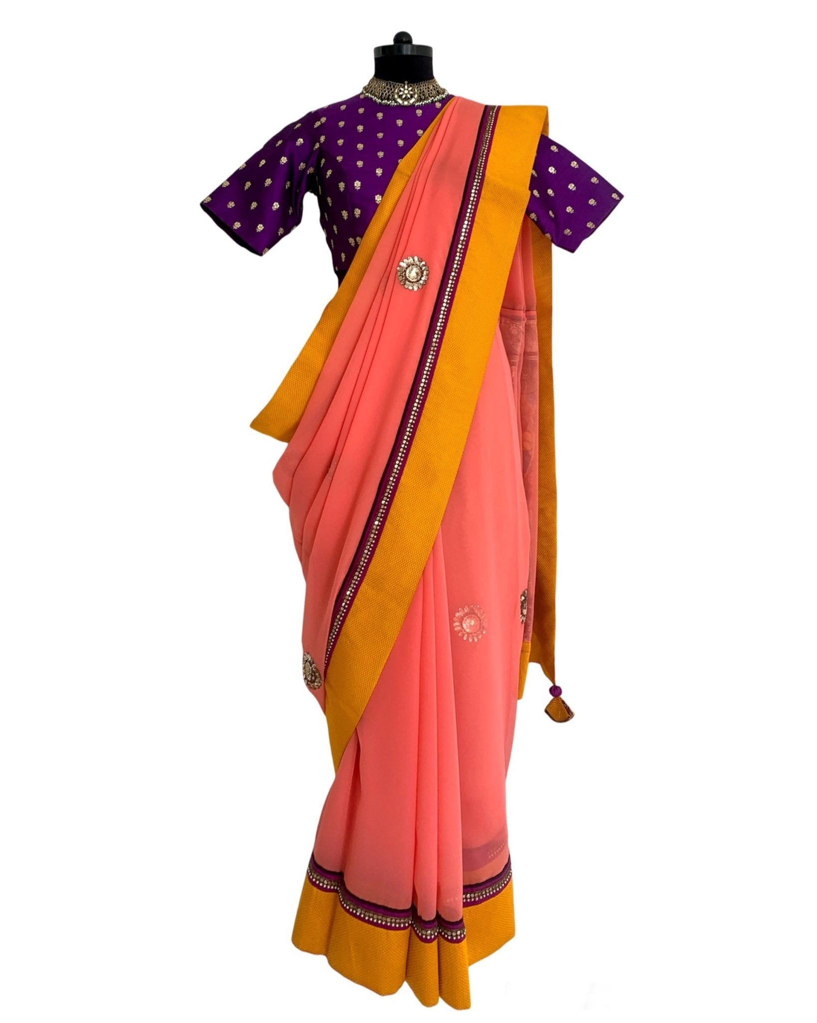 Saree Kalamkari - Peach / Purple / Mustard - Mayura Kumar