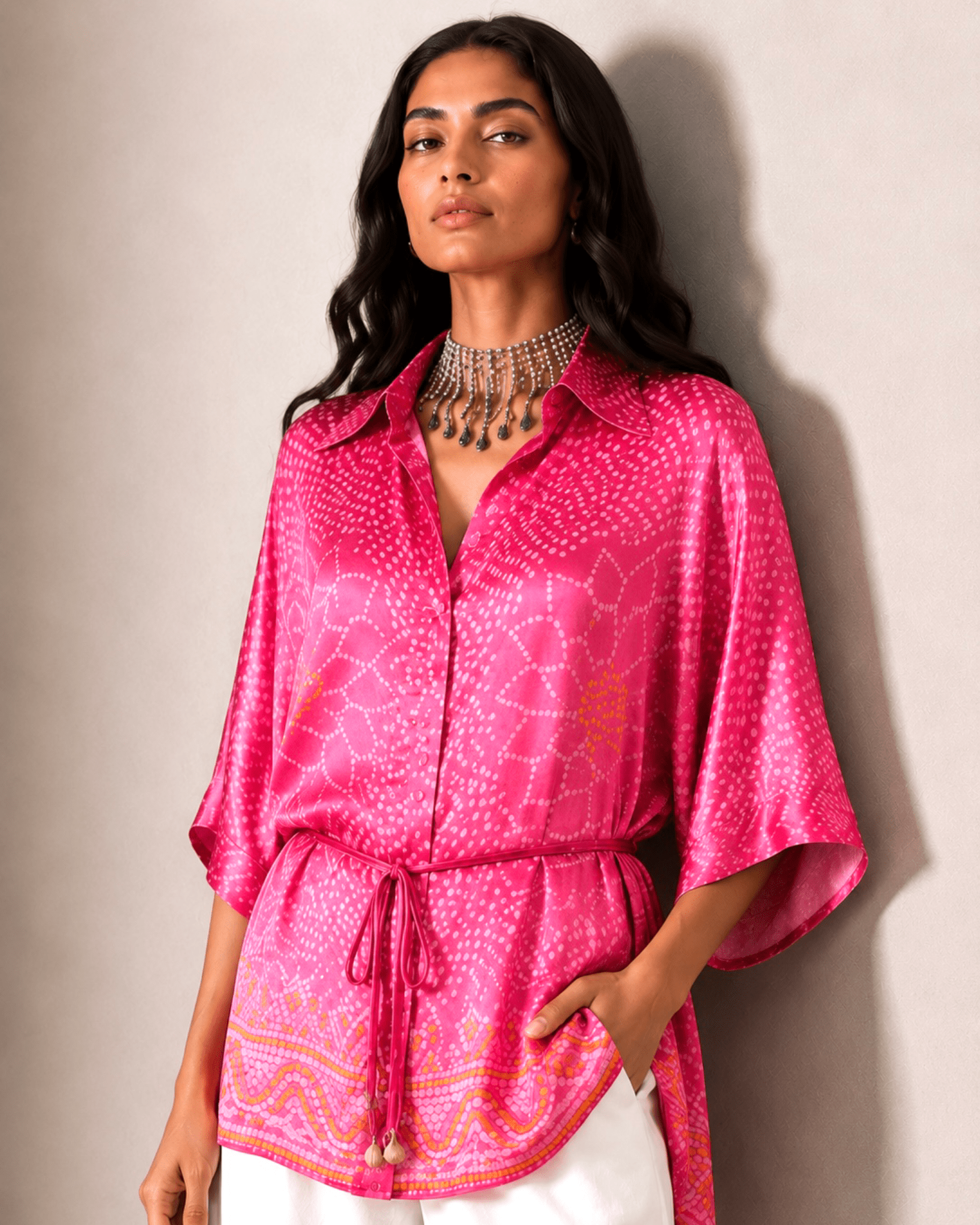 Shirt Kimono Bandhej -Pink - Mayura Kumar