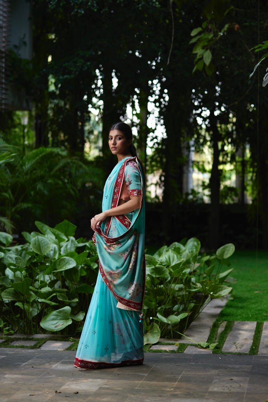 Saree Floral - Aqua/Peach/Red - Mayura Kumar