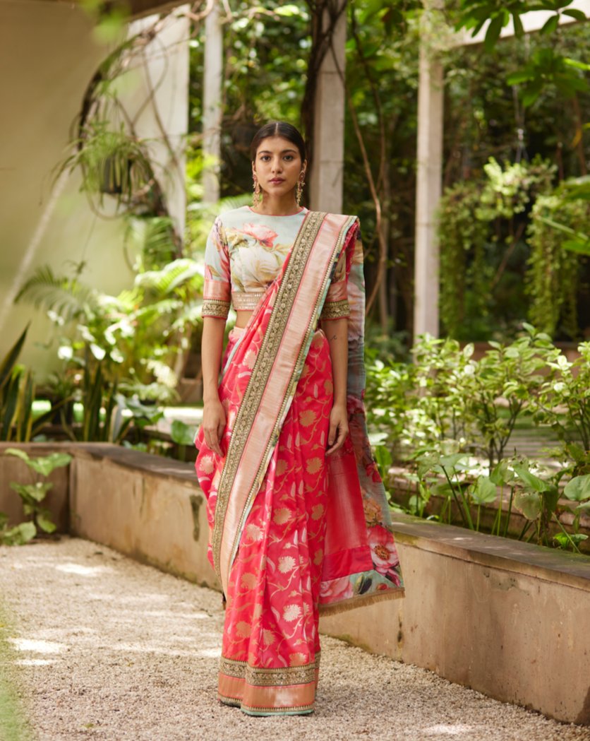Saree Banarasi - Coral/Green - Mayura Kumar