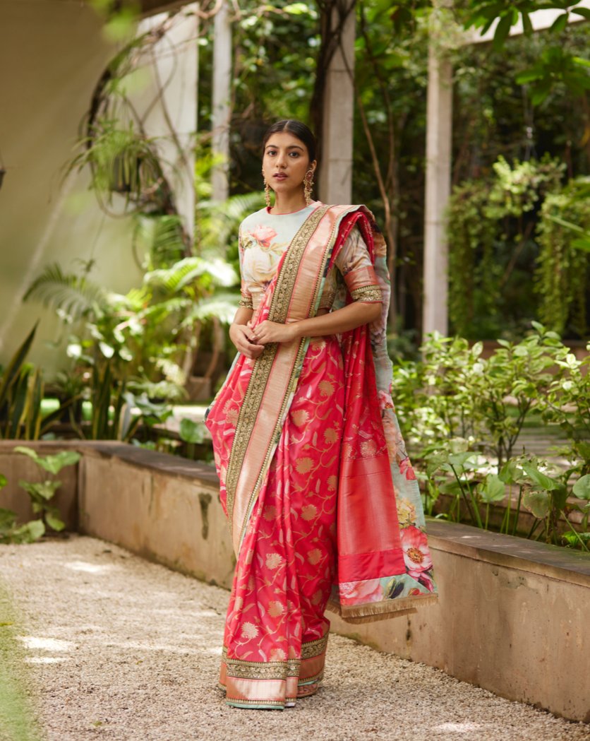 Stunning coral pink silk printed saree - G3-WSA54768 | G3fashion.com