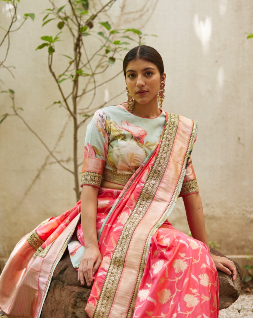 Saree Banarasi - Coral/Green - Mayura Kumar