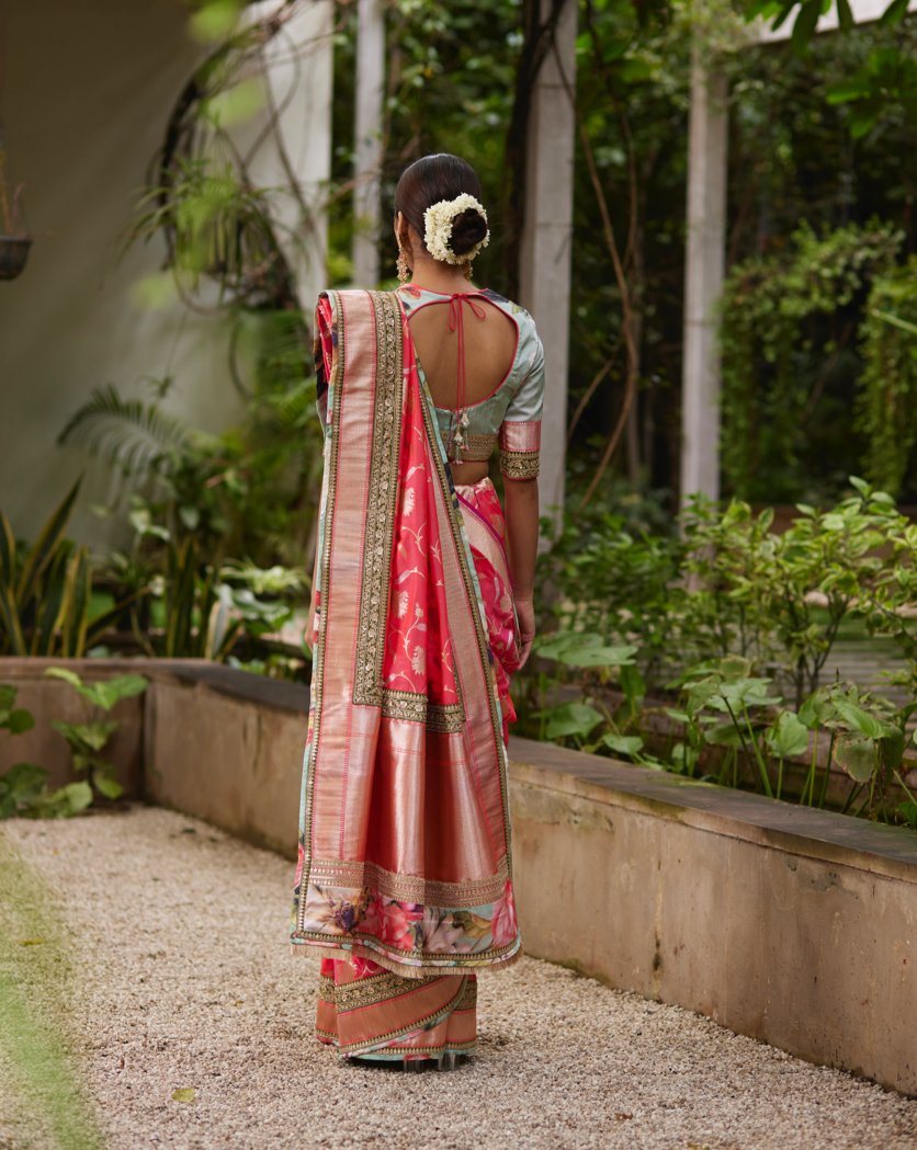Saree Banarasi - Coral/Green - Mayura Kumar