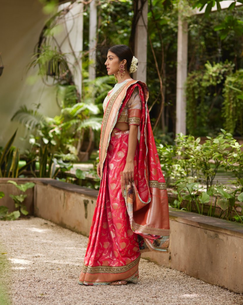 Saree Banarasi - Coral/Green - Mayura Kumar