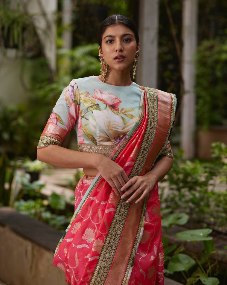 Saree Banarasi - Coral/Green - Mayura Kumar