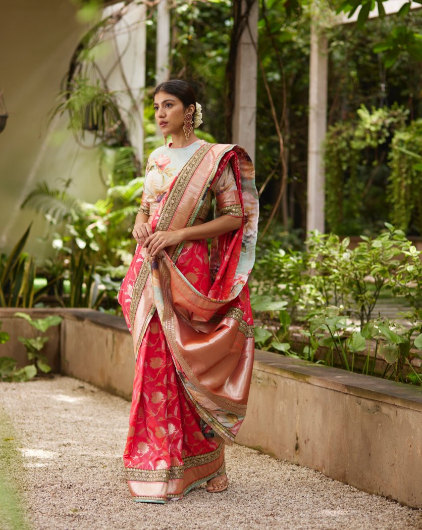 Saree Banarasi - Coral/Green - Mayura Kumar