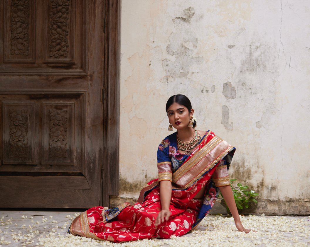 Buy NIYAMI Printed, Self Design, Temple Border, Woven, Floral Print,  Solid/Plain Banarasi Jacquard, Cotton Silk Black Sarees Online @ Best Price  In India | Flipkart.com