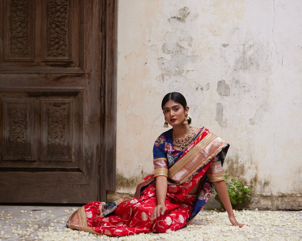Saree Banarasi - Red/Blue - Mayura Kumar