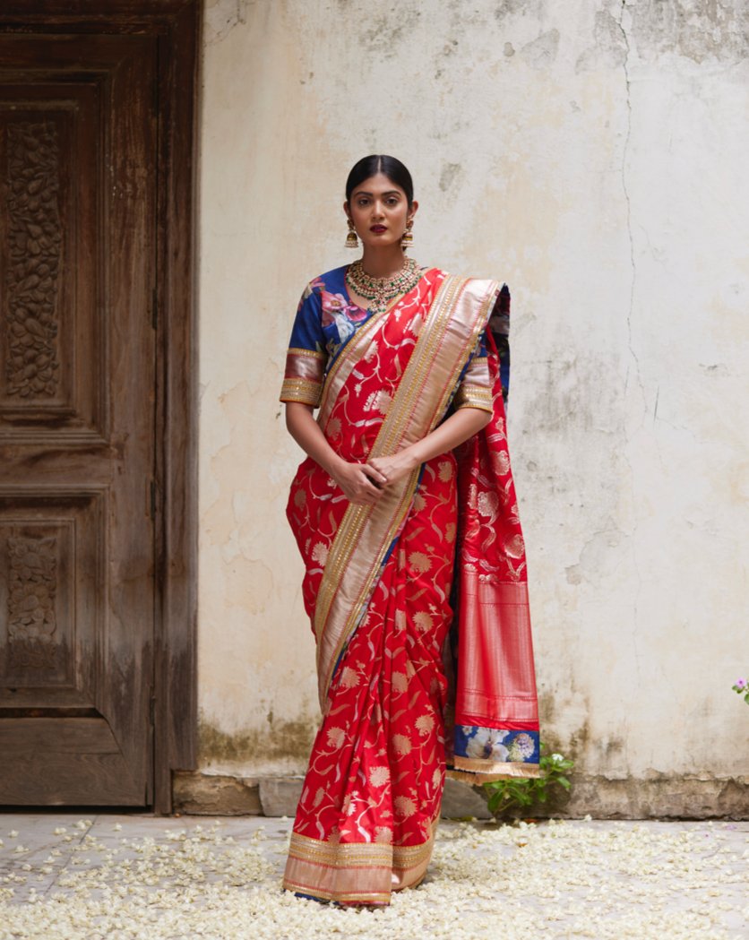 Saree Banarasi - Red/Blue - Mayura Kumar