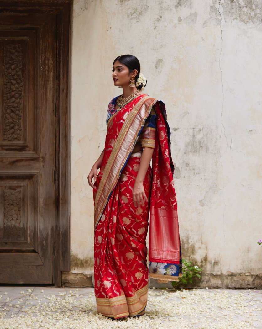 Saree Banarasi - Red/Blue - Mayura Kumar