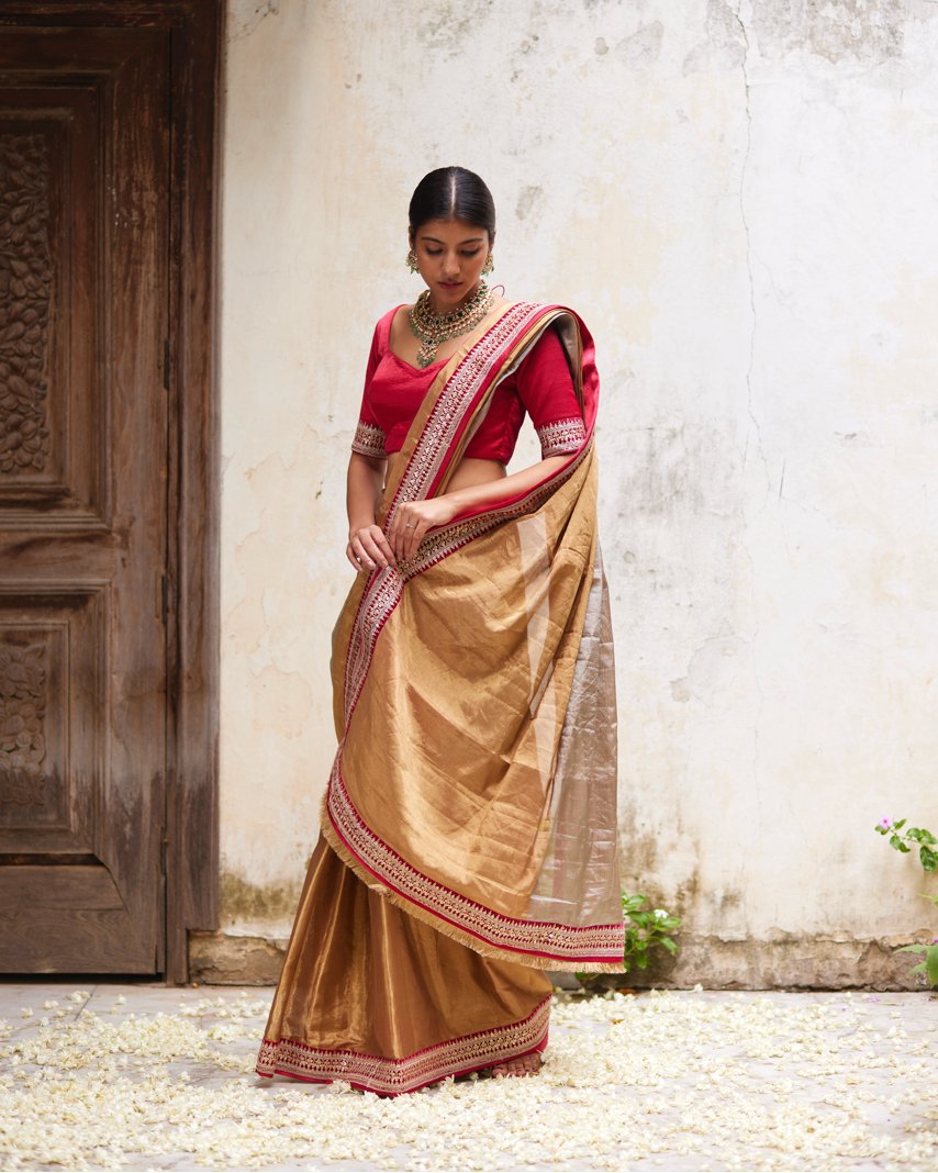 Saree Chanderi - Rose/Gold/Silver - Mayura Kumar