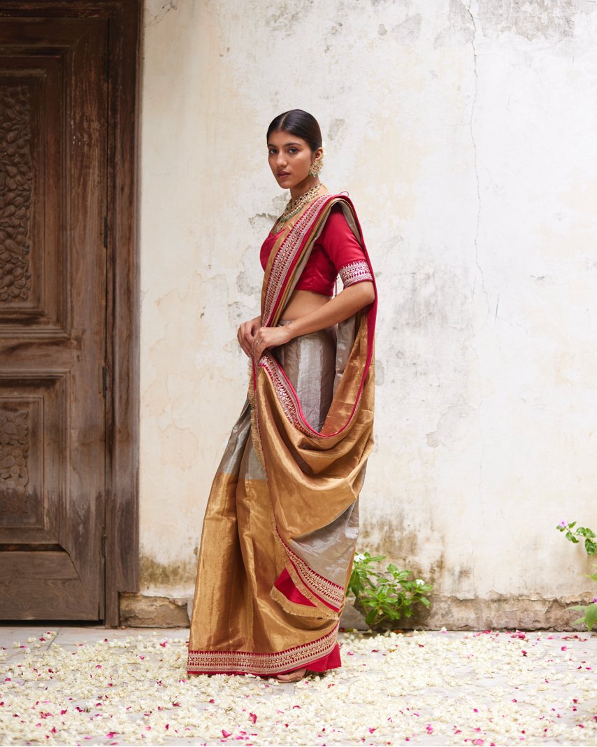 Saree Chanderi - Rose/Gold/Silver - Mayura Kumar