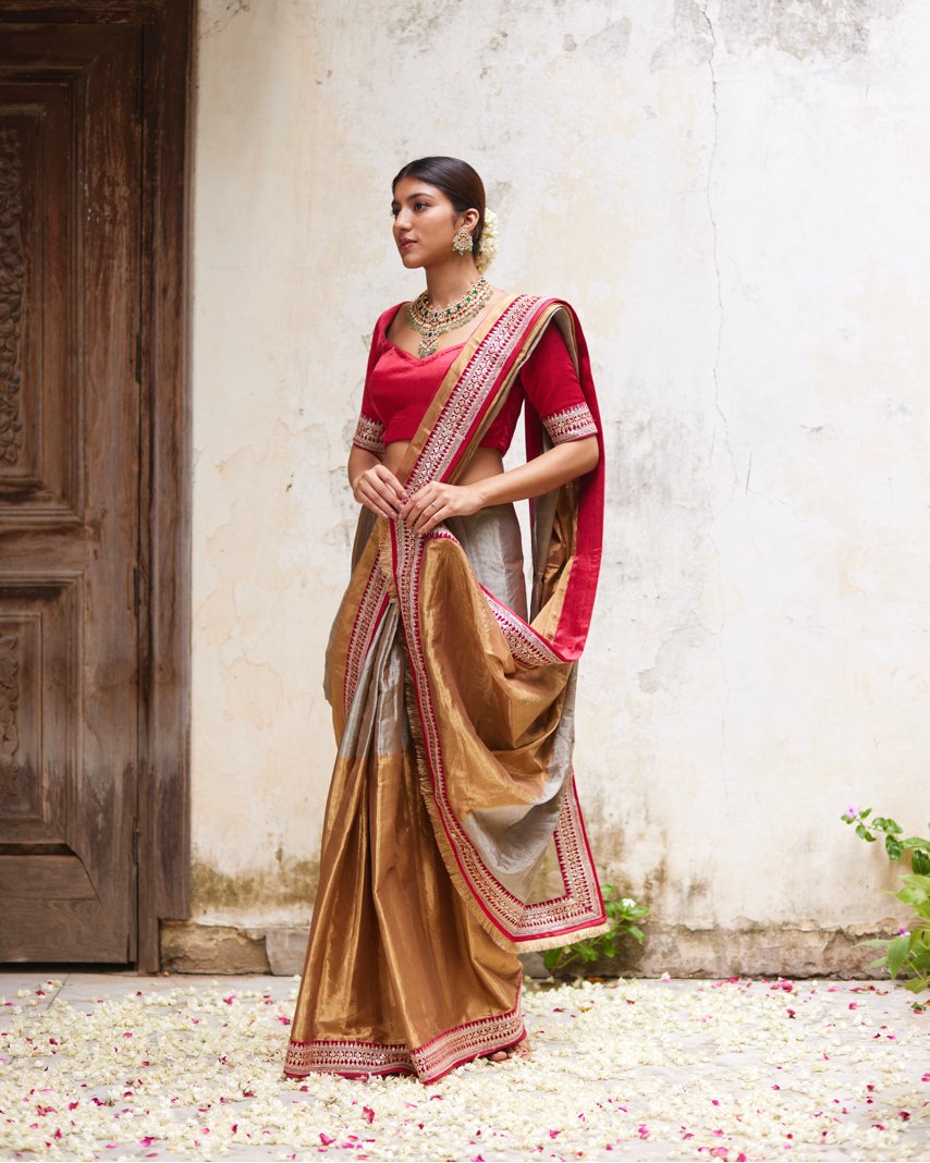 Saree Chanderi - Rose/Gold/Silver - Mayura Kumar