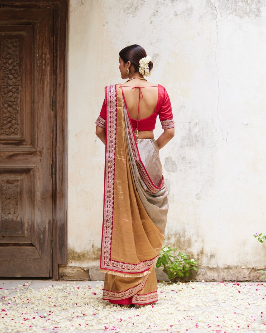 Saree Chanderi - Rose/Gold/Silver - Mayura Kumar