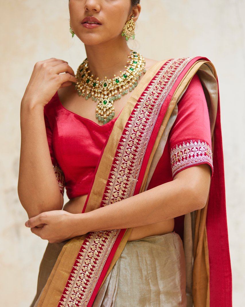 Saree Chanderi - Rose/Gold/Silver - Mayura Kumar