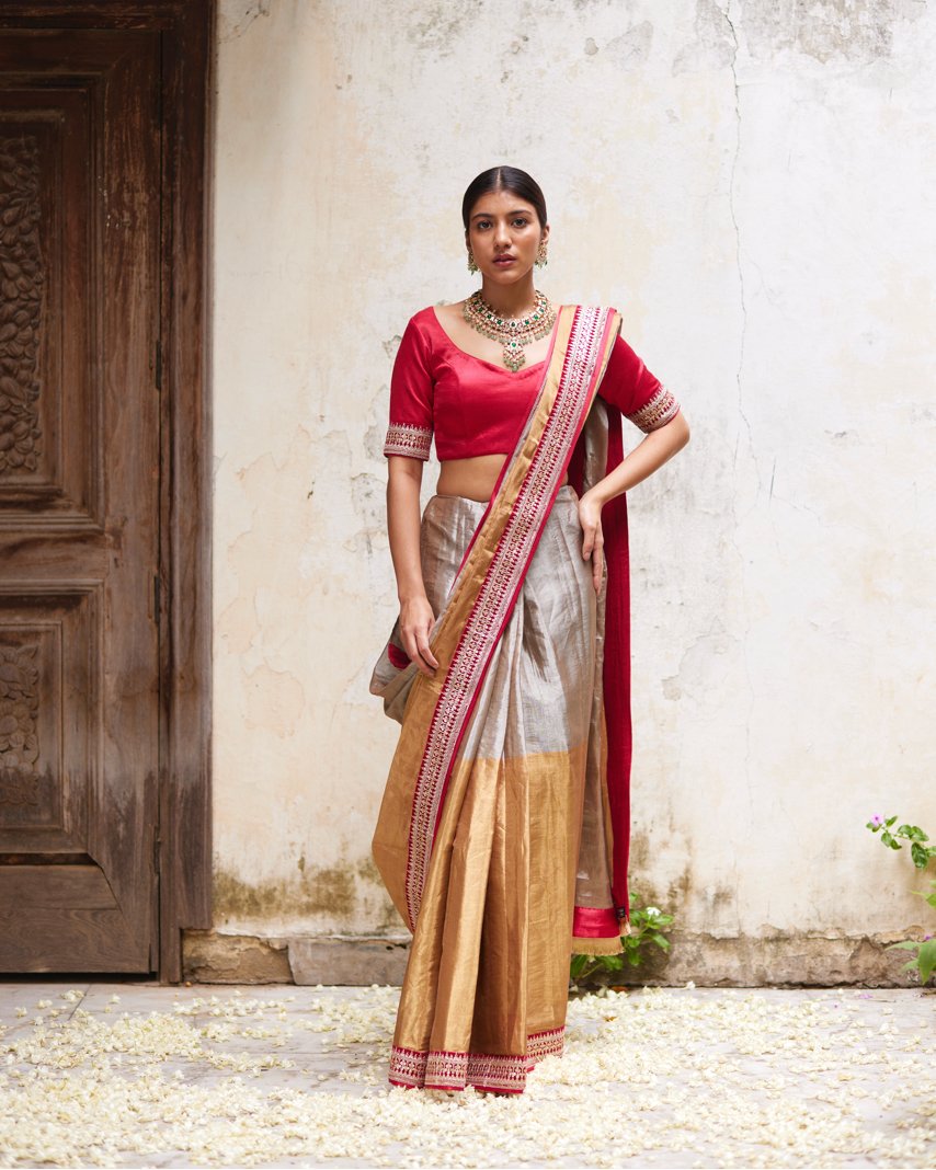 Saree Chanderi - Rose/Gold/Silver - Mayura Kumar