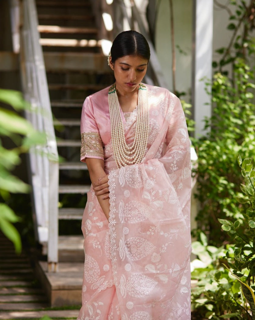 Saree Chikankari - Blush Pink/Ivory - Mayura Kumar