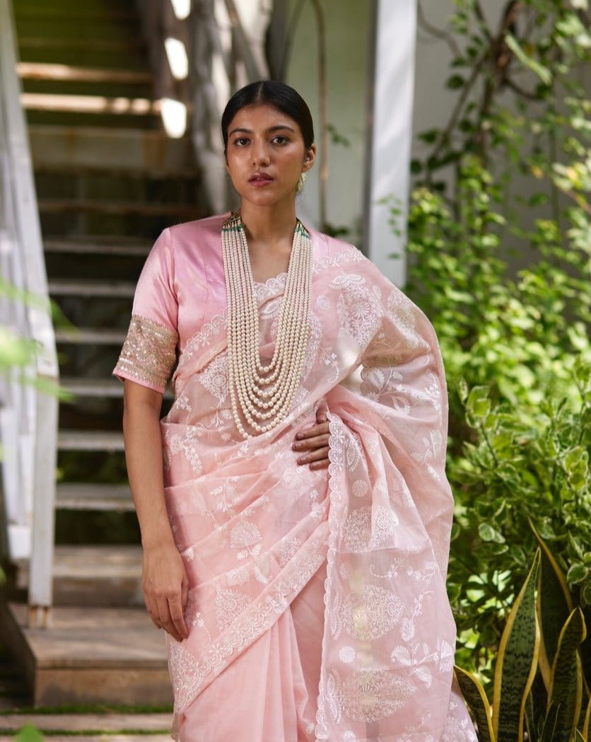 Saree Chikankari - Blush Pink/Ivory – Mayura Kumar