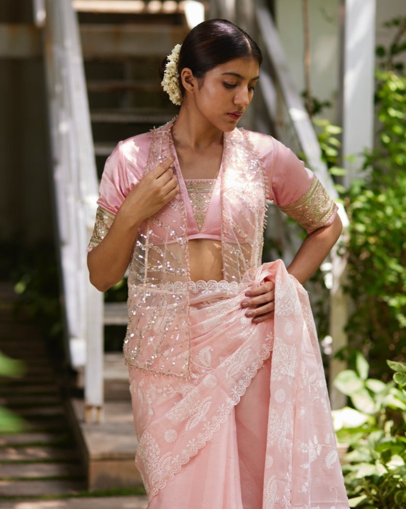 Saree Chikankari - Bubblegum Pink/Ivory - Mayura Kumar