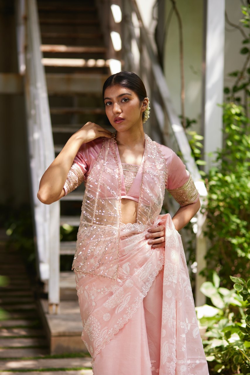 Saree Chikankari - Bubblegum Pink/Ivory - Mayura Kumar