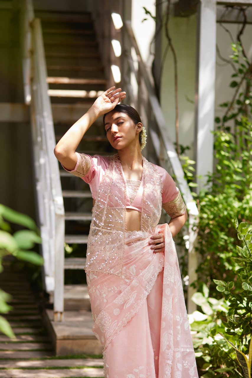 Saree Chikankari - Bubblegum Pink/Ivory - Mayura Kumar