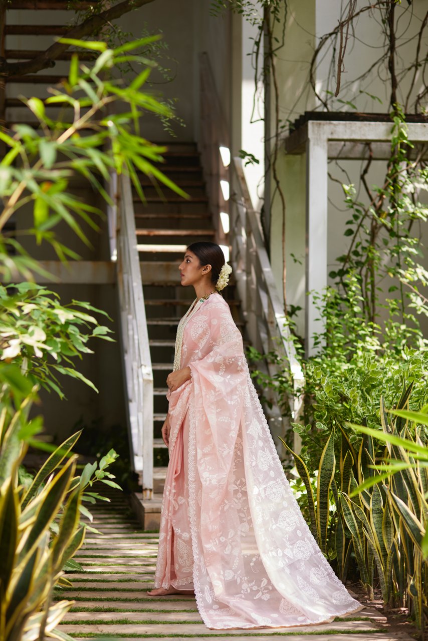Saree Chikankari - Bubblegum Pink/Ivory - Mayura Kumar