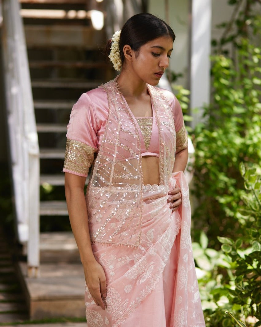 Saree Chikankari - Bubblegum Pink/Ivory - Mayura Kumar