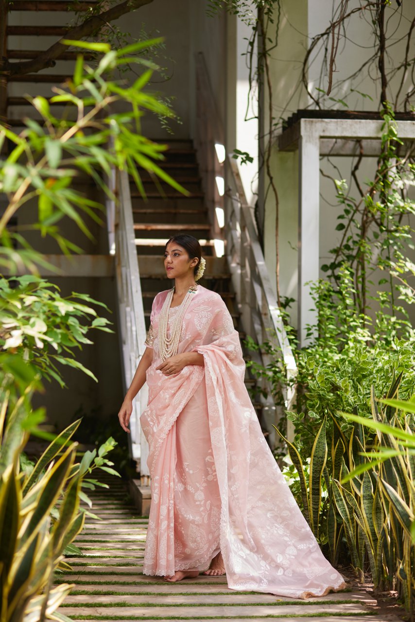 Saree Chikankari - Bubblegum Pink/Ivory - Mayura Kumar