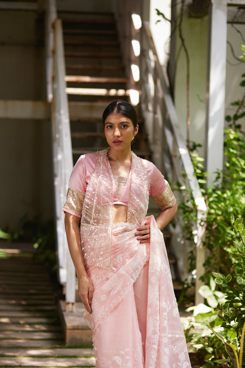 Saree Chikankari - Bubblegum Pink/Ivory - Mayura Kumar